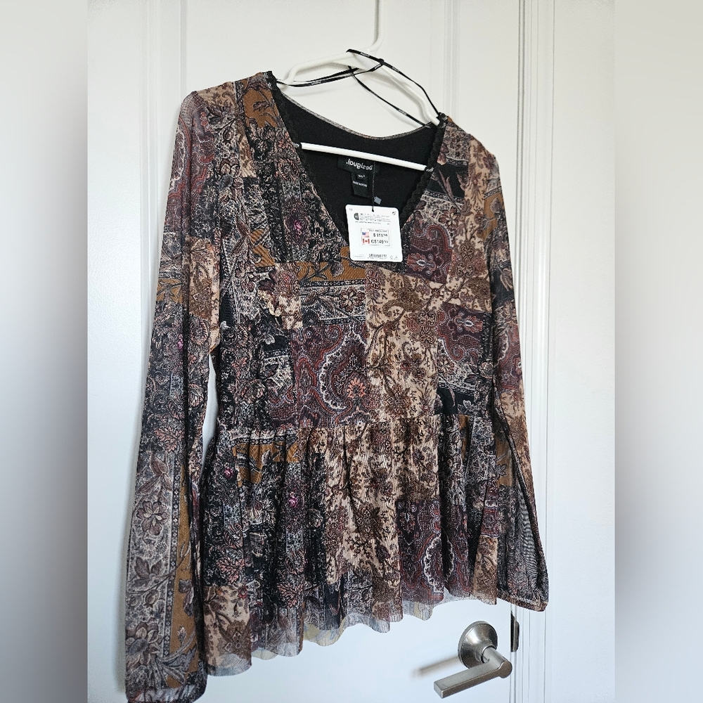 NWT DESIGUAL Katrina Blouse Long Sleeve with V Neckline Floral Brown Sz XS